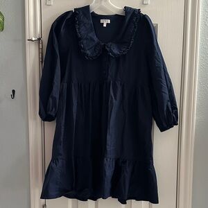 TCEC Navy Blue Ruffled Peter Pan Collared Mini Dress S Preppy Mod Academia Twee